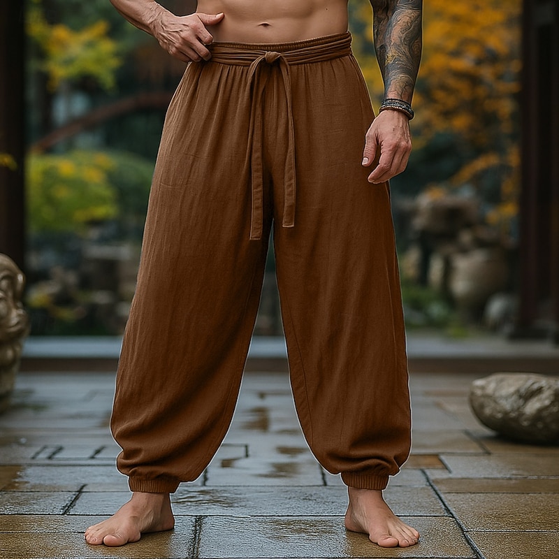 Men's Linen Pants Trousers Summer Pants Baggy Pants Elastic Cuff Plain Comfort Breathable Full Length Outdoor Casual Daily Vacation Vintage Army Green Red Inelastic
