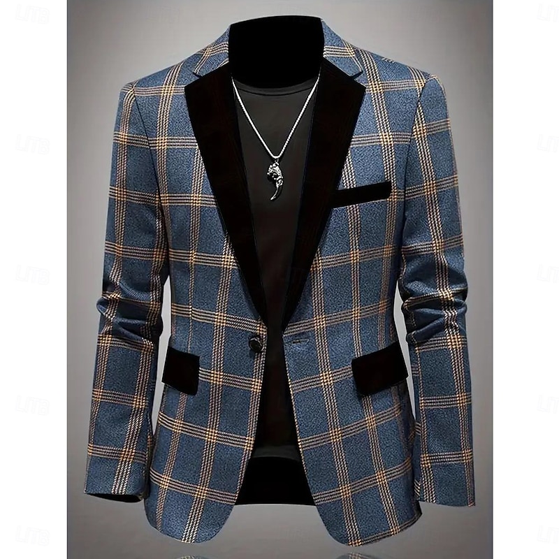 Men's Blazer Jacket Notch Collar Casual Plaid Blazer Dusty Blue Tailored Fit Single Breasted One-button