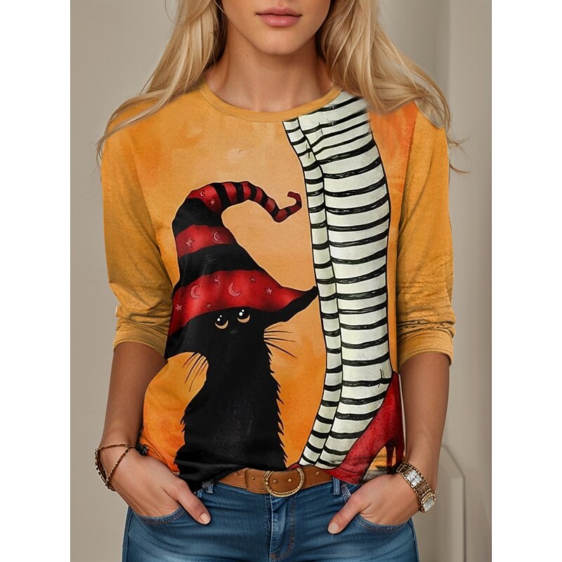Halloween Women's T shirt Witch Long Sleeve Graphic Vintage Casual Long Sleeve Crew Neck Regular Tops Daily Weekend Print Pink Orange Khaki Spring Fall Prefall2