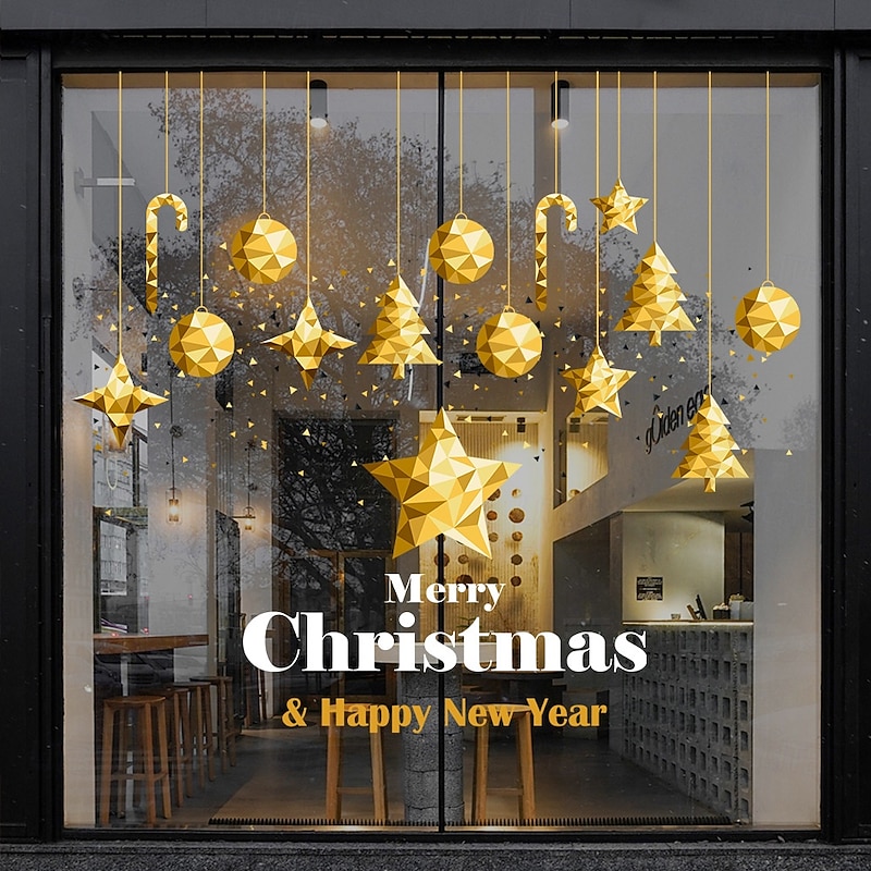Christmas Window Clings Xmas Wall Sticker Gold Bell Star English Design Glass Decals for Mall Window Door Holiday Decoration Static Cling Festive Home Party Accessory