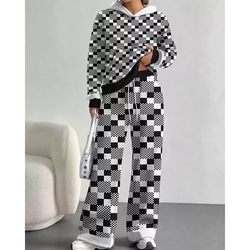 Women's Active Fashion Pants Sets Long Sleeve Hooded Color Block Drawstring Vacation Casual Daily Black White Blue Fall Regular Fit4