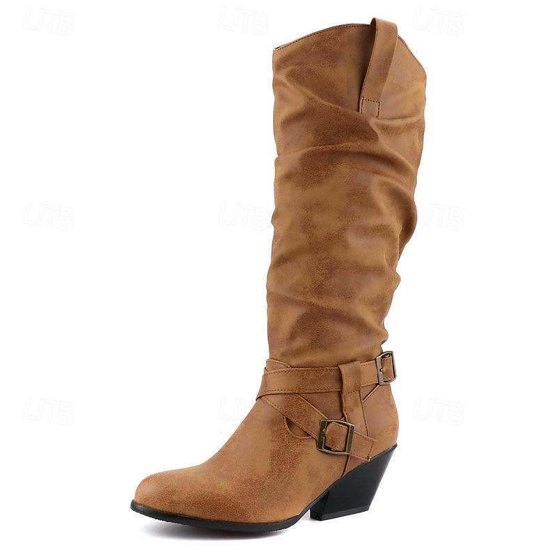Women's Slouchy Knee-High Boots with Buckle Strap and Stacked Heel, Versatile Casual Footwear Available in Multiple Colors for Fall and Winter3