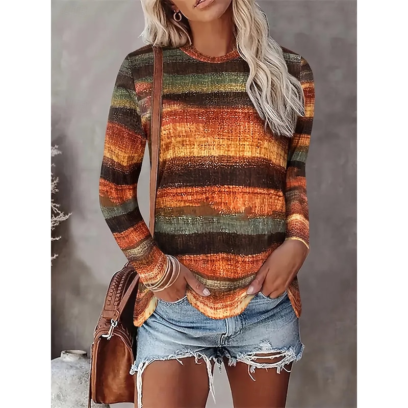 Women's T Shirt Graphic Geometric Vintage Fashion Stylish Long Sleeve Crew Neck Round Neck Regular Tops Daily Weekend Print Red Blue Brown Summer Spring Fall
