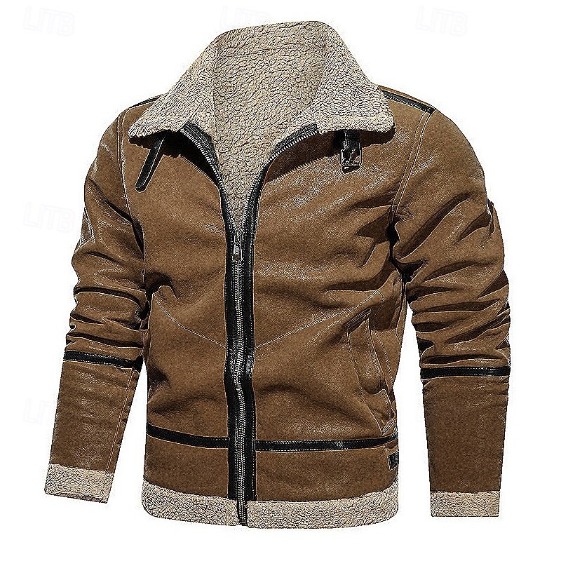 Men's Winter Jacket Fleece Jacket Sherpa Jacket Vacation Daily Thermal Warm Pocket Fleece Fall Winter Plain Fashion Streetwear Lapel Regular Wine Blue Green Khaki Coffee Jacket