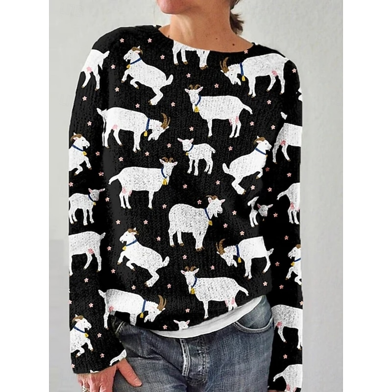 Women's Sweater Pullover Vacation Daily Casual Animal Ribbed Crew Neck Print Long Sleeve Regular Tops Knit Outdoor Daily Holiday Black Blue Fall Winter