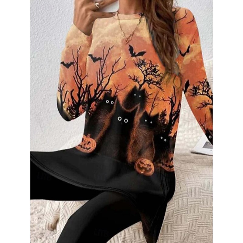 Halloween Women's Elegant Vacation Daily T Shirt Pants Sets Long Sleeve Round Neck Floral Graphic Animal Print Casual Daily Orange Summer Regular Fit2