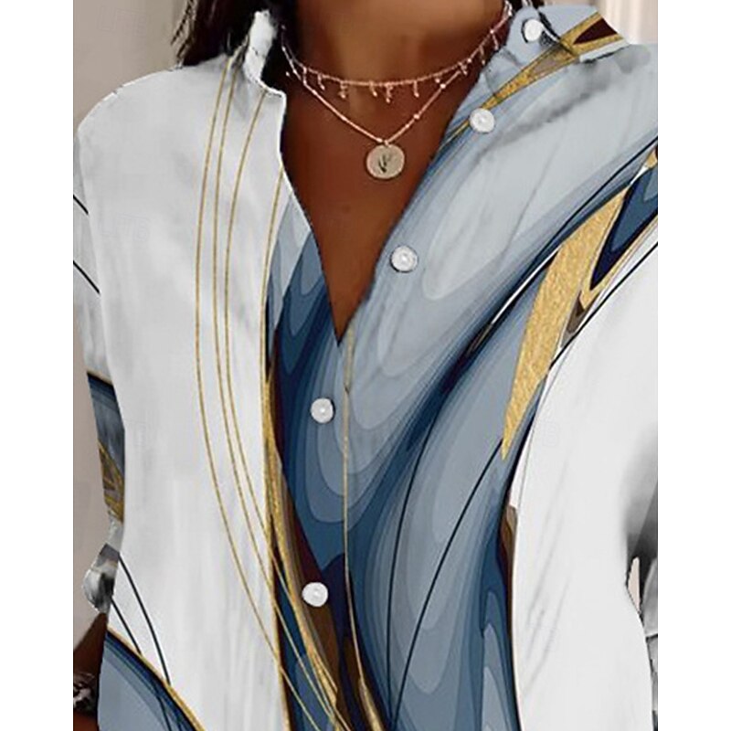 Women's Shirt Abstract Active Daily Stylish Long Sleeve Shirt Collar Regular Tops Daily Holiday Buttons Print Blue Spring Fall2