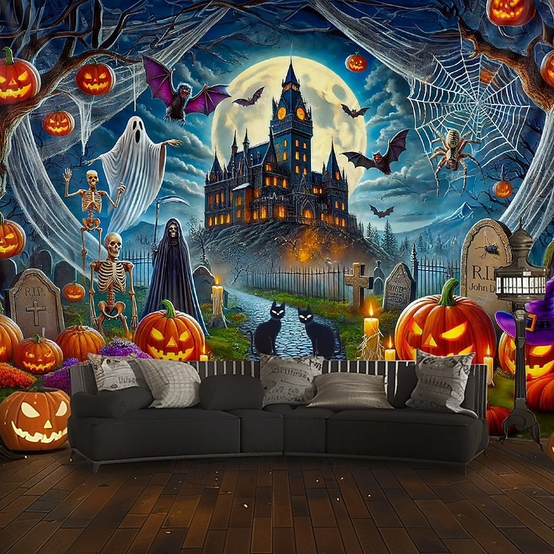 Halloween Haunted Castle Tapestry – Spooky Pumpkin Ghost Bat Graveyard Wall Art Backdrop, Gothic Horror Large Hanging Mural Blanket Curtain for Bedroom Living Room Home Decoration4