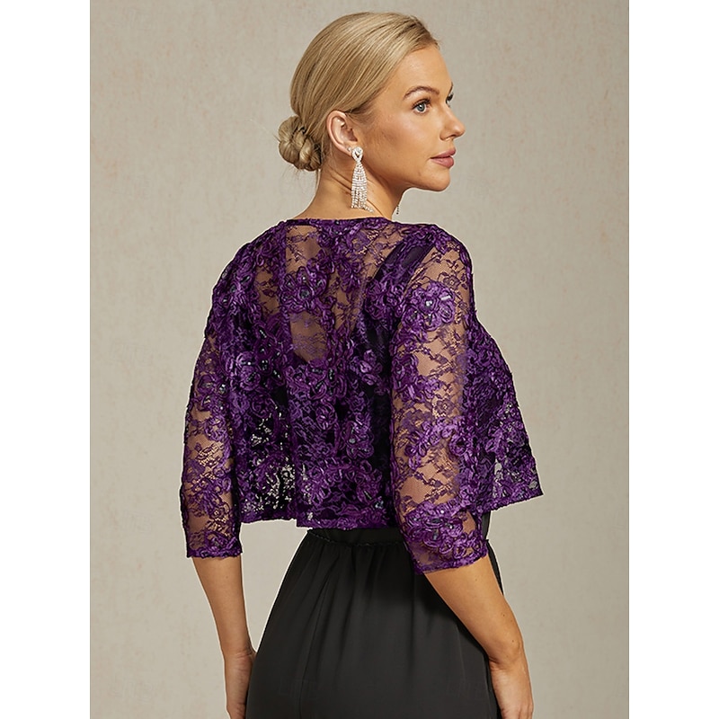 Women's Jacket Blazer  Lace Embroidered Sequin Open Front Elegant Floral Formal Anniversary Party Wedding Guest Open Front Short Crewneck Regular Fit 3/4 Length Sleeve Outerwear Eggplant2