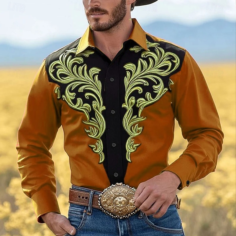 Men's Floral Print Flowers Shirt Western Shirt Cowboy Shirt Long Sleeve Vintage Retro Outdoor Vacation Spring Fall Turndown 3D Print Linen Like Shirt Red Orange Green Gray2