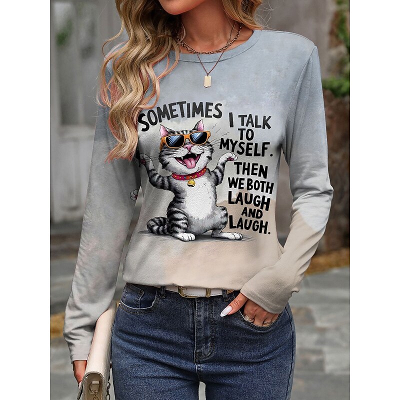 Women's T shirt Long Sleeve Graphic Animal Cat Vintage Fashion Stylish Long Sleeve Crew Neck Round Neck Regular Tops Daily Weekend Print Gray  Spring Fall Prefall