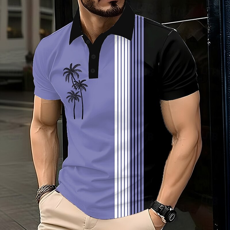 Men's Palm Tree Polo Short Sleeve Polo Shirts Lapel Casual Resort Athleisure Hawaiian 3D Print Buttons Summer Blue Purple Brown4