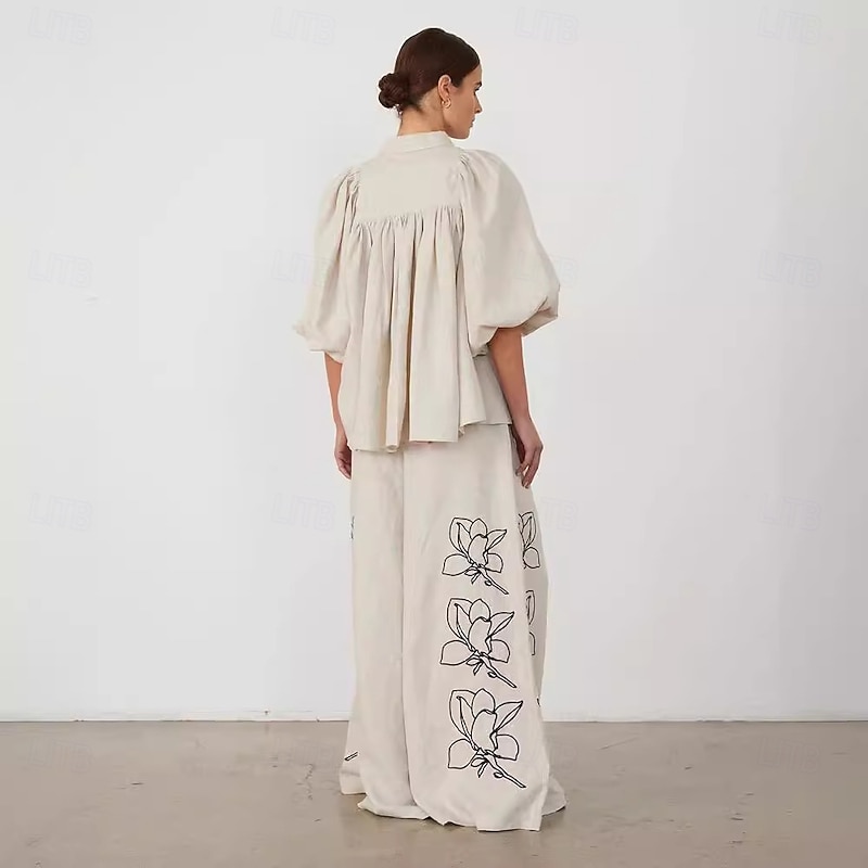 Women's Elegant Vacation Vintage Pants Sets Long Sleeve Lantern Sleeve Shirt Embroidered  Collar Floral Vacation Casual Daily Embroidery Set Spring Loose Fit3