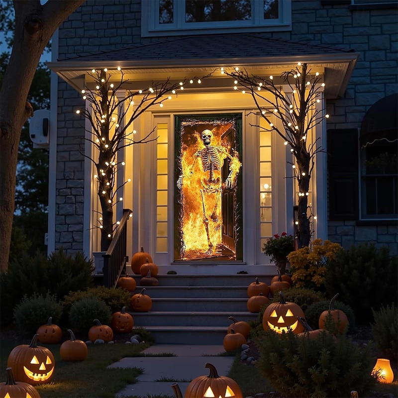 Halloween Door Cover Outdoor Banners Skeleton Flame Psychedelic Dark Punk Gothic Style Party Outdoor Shooting Backgrounds Front Door Wall Porch Home Decor4