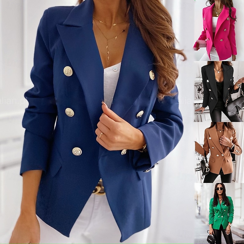 Women's Blazer Comfortable Breathable Pocket Casual Plain Formal Office Street Casual Double Breasted Regular Turndown Regular Fit Long Sleeve Outerwear Black Blue Fuchsia Summer Fall