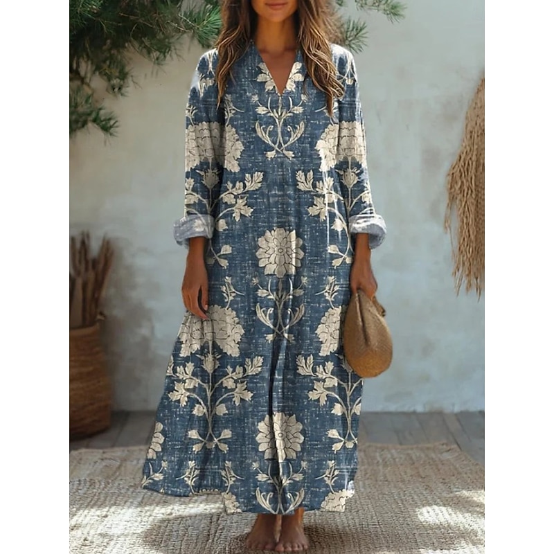Women's Midi Dress Sundress A Line Dress Vacation Casual Boho Party Holiday Beach Loose Fit Floral Graphic Geometric Long Sleeve V Neck Black Blue Orange Green Summer Spring Fall3