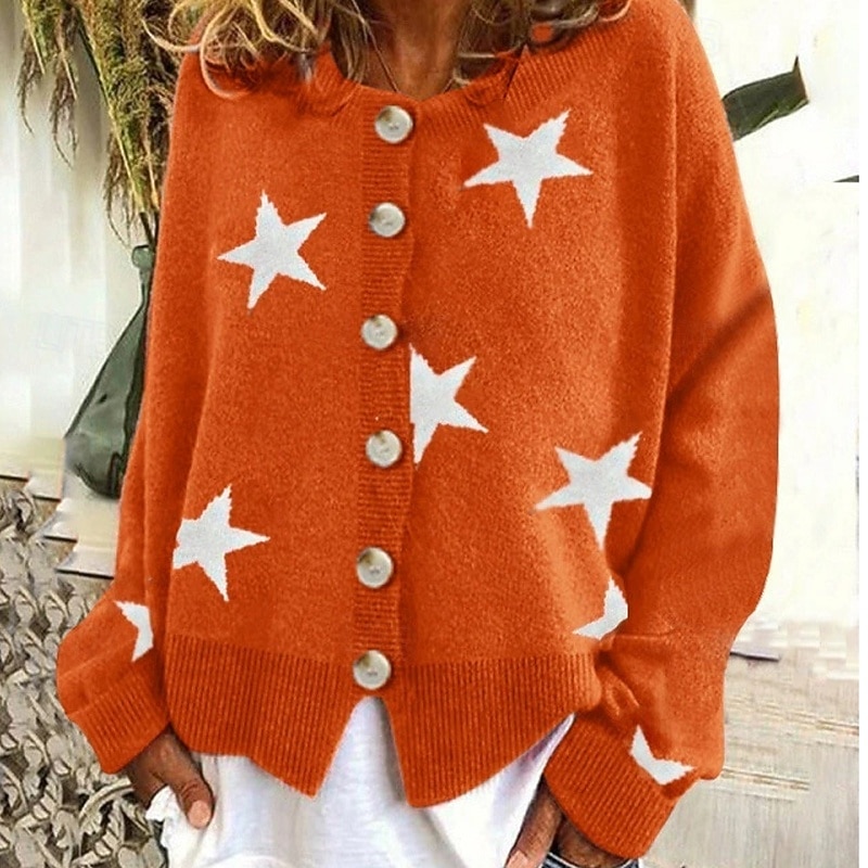 Women's Sweater Cardigan Fashion Graphic Star Ribbed Crew Neck Buttons Knitted Long Sleeve Regular Tops Knit Holiday Going out Weekend Black Blue Winter2