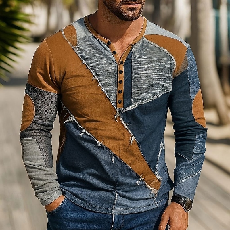 Men's Geometric Faux Patchwork Pattern T Shirt Henley Shirt Tee Long Sleeve Vintage Designer Stylish Outdoor Casual Daily Fall Spring & Summer Blue Henley Henley T-Shirt