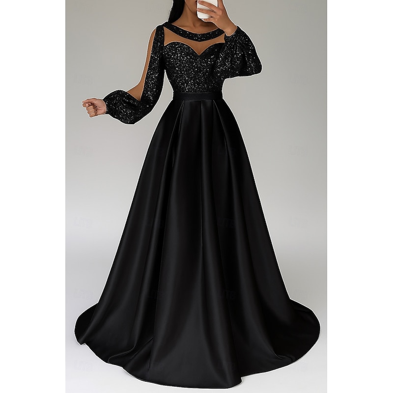Black Red Sequined A-Line Evening Gown Elegant Dress Formal Wedding Floor Length Long Sleeve Illusion Neck Champagne Mother Of the Bride Dress Satin with Glitter Pleats 2025