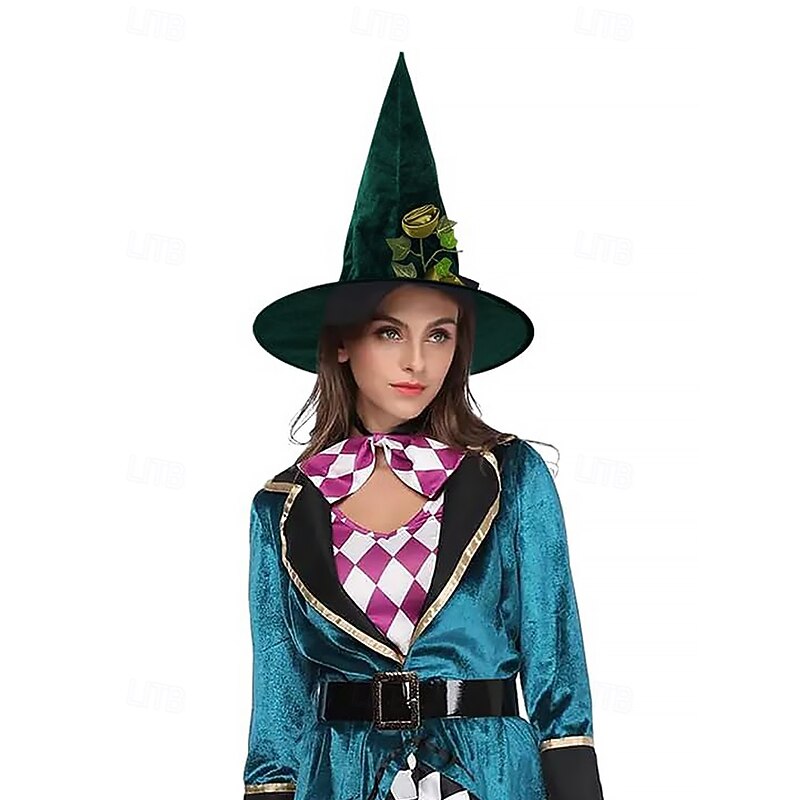 Women's Green Velvet Witch Hat with Satin Roses and Ivy – Elegant Halloween Costume Hat for Parties and Themed Events3