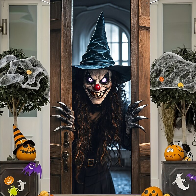 Scary Clown Witch Halloween Door Cover for Indoor Outdoor – Creepy Evil Face Peeking Curtain for Front Porch or Room Decoration2