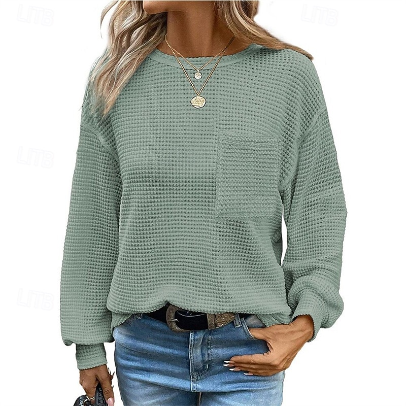 Women's Texture Sweatshirt T Shirt Tee Top Plain Fashion Modern Long Sleeve Crew Neck Regular Tops Daily Going out Pocket Black White Brown Green Khaki Spring Fall3