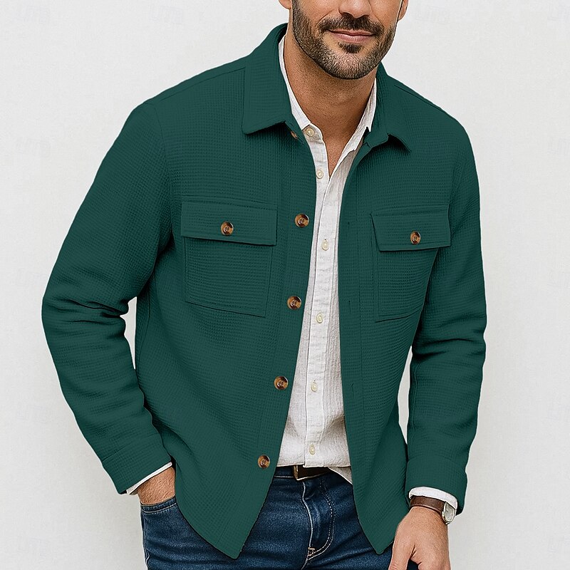 Men's Lightweight Jacket Waffle Jacket Shirt Jacket Casual Jacket Vacation Casual Breathable Pocket Button-Down Spring Fall Plain Fashion Classic Lapel Regular Black White Wine Dark Green Khaki Jacket