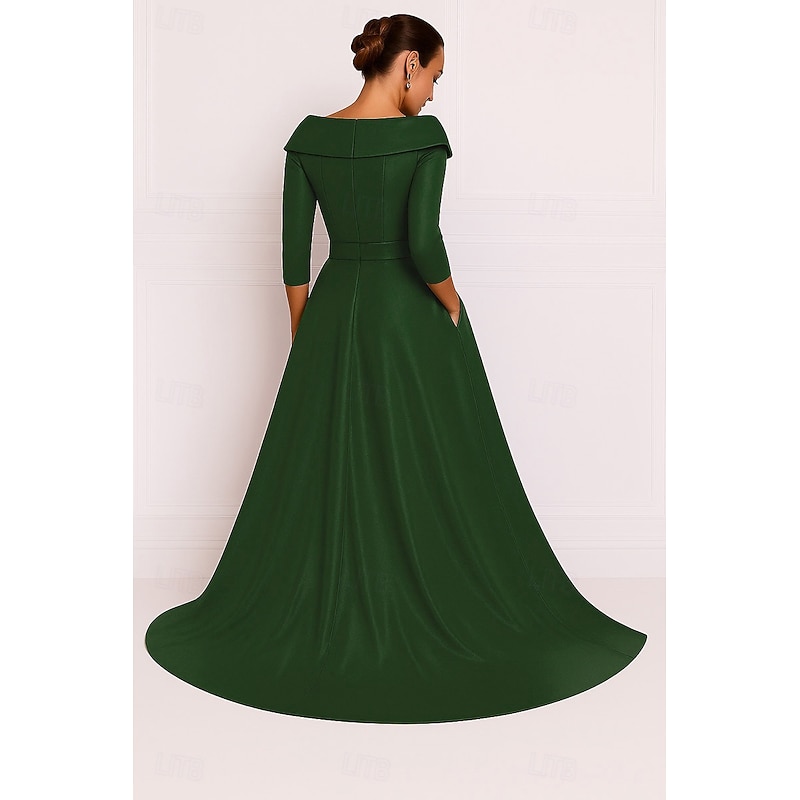 A-Line Portrait Collar Evening Gown Elegant Dress Formal Wedding Sweep / Brush Train 3/4 Length Sleeve V Neck Stretch Satin with Bow and Slit 20253