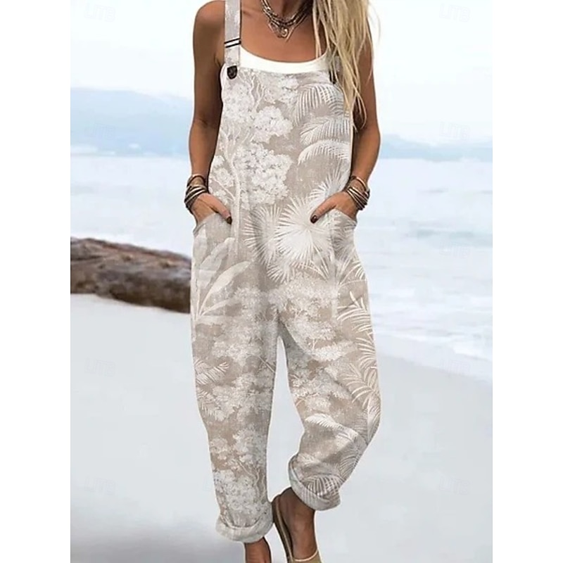 Women's Dungarees Active Floral Sleeveless Sleeveless Straight Square Neck Pocket with Pocket Vacation Daily Loose Fit Pink Red Beige Summer