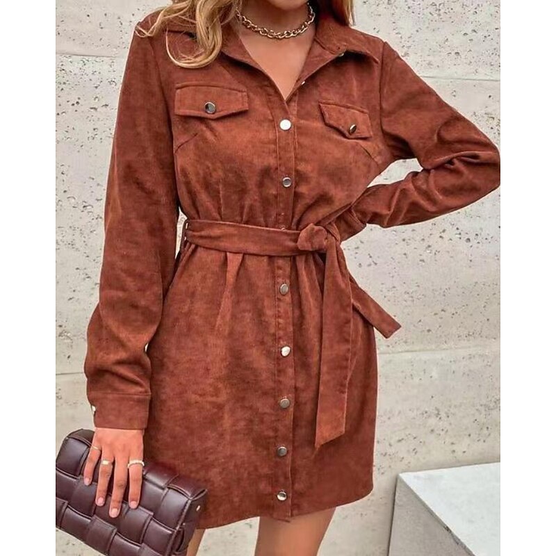 Women's Shirt Jacket Shacket Warm Comfortable Pocket Buttons Casual Plain Daily Wear Going out Casual Daily Weekend Single Breasted Long Turndown Regular Fit Long Sleeve Outerwear Brown Fall Winter3
