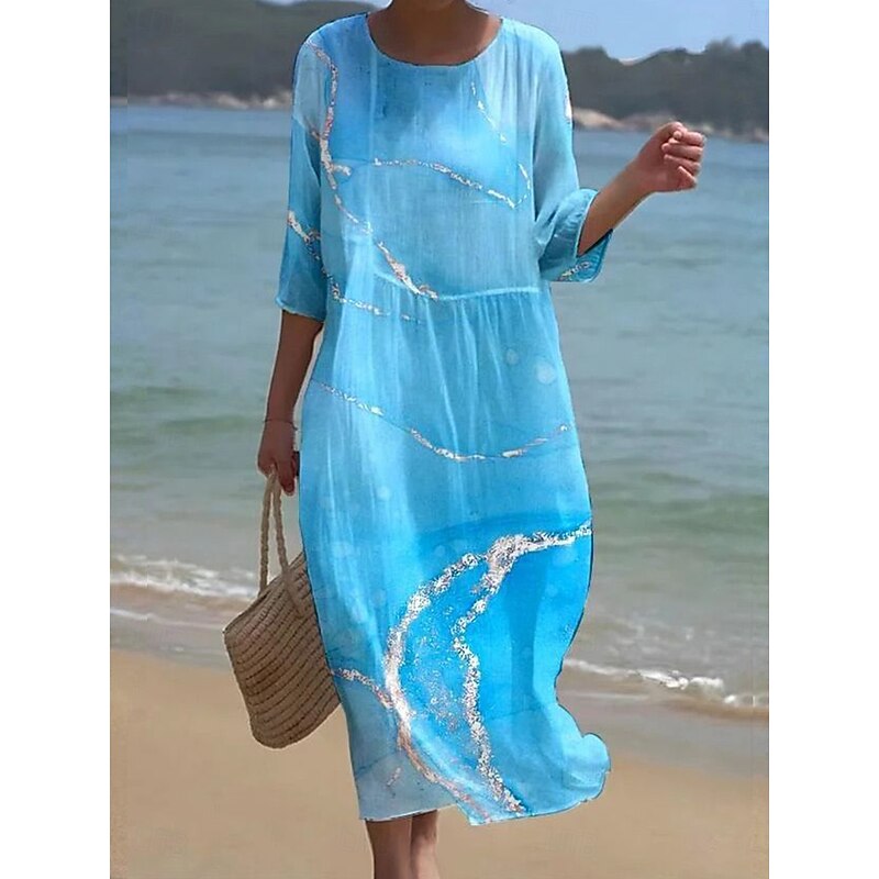 Women's Maxi Dress Kaftan 3/4 Length Sleeve Crew Neck Casual Shift Dress A Line Dress Dress Boho Daily Holiday Date Graphic Abstract Sky Blue Green Dark Blue Peacock Blue Spring4