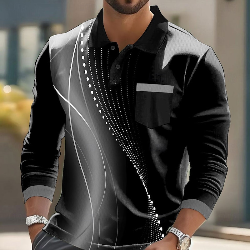 Men's Geometric Polo Long Sleeve Polo Shirts Lapel Casual Business Casual Athleisure Daily Wear Pocket 3D Print Buttons Spring Fall Lake blue Red Blue4