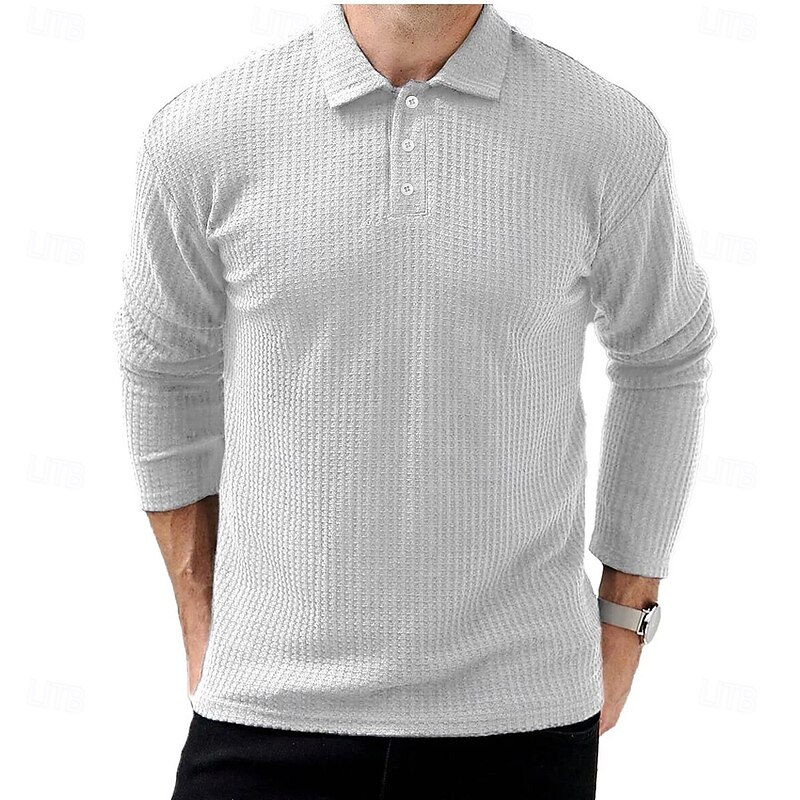 Men's Waffle Polo Shirts Street Casual Lapel Long Sleeve Modern Comfortable Plain Textured Buttons Spring Fall Winter dark brown Robin's Egg Blue Black White Navy Blue Dark Green Waffle Polo Shirts2