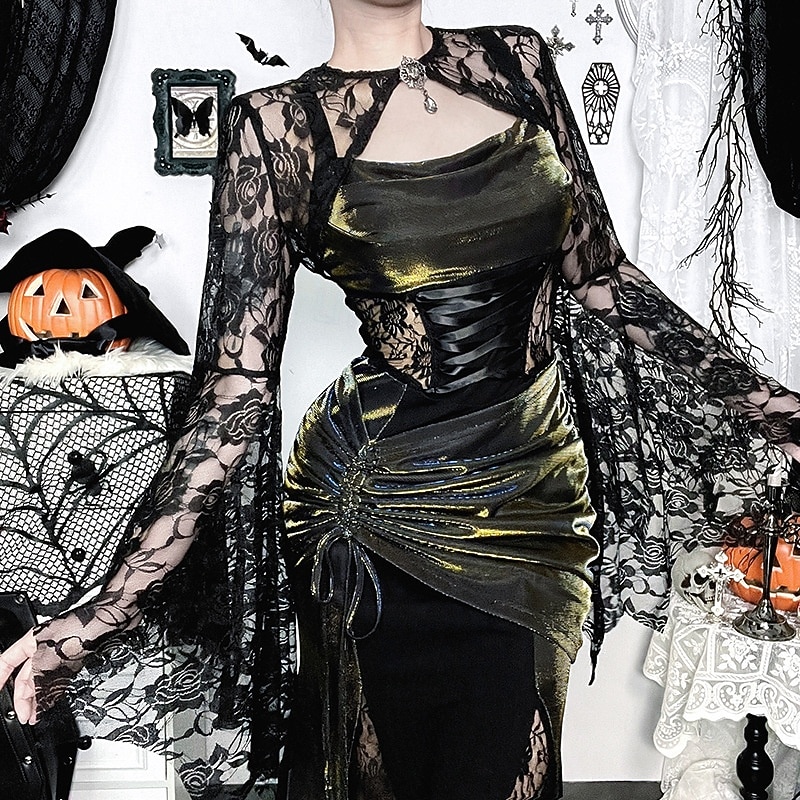 Gothic Maxi Dress Shrug Top Bell Sleeve Witch Morticia Addams Lace Velvet Floral Fancy Dress Women's Fantasy Halloween Carnival Performance Party Adults Top Dress3