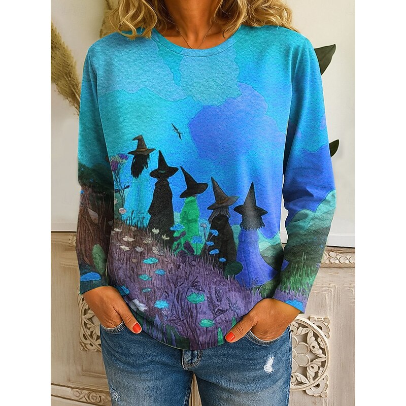 Halloween Women's T shirt Witch Graphic Vintage Fashion Stylish Long Sleeve Crew Neck Regular Tops Daily Print Yellow Blue Orange Green Fall Winter3