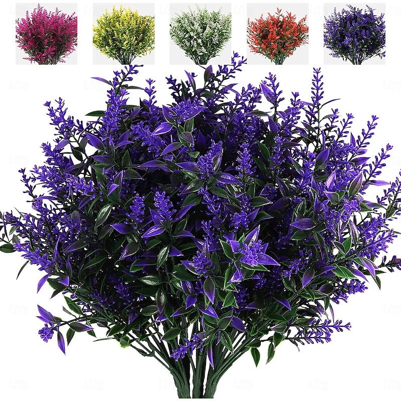 8 Bundles Artificial Flowers, Faux Outdoor Plants Lavender, Plastic Shrubs and Fake Ferns, Winter Resistant Faux Plants for Indoor & Outdoor Hanging Decorations