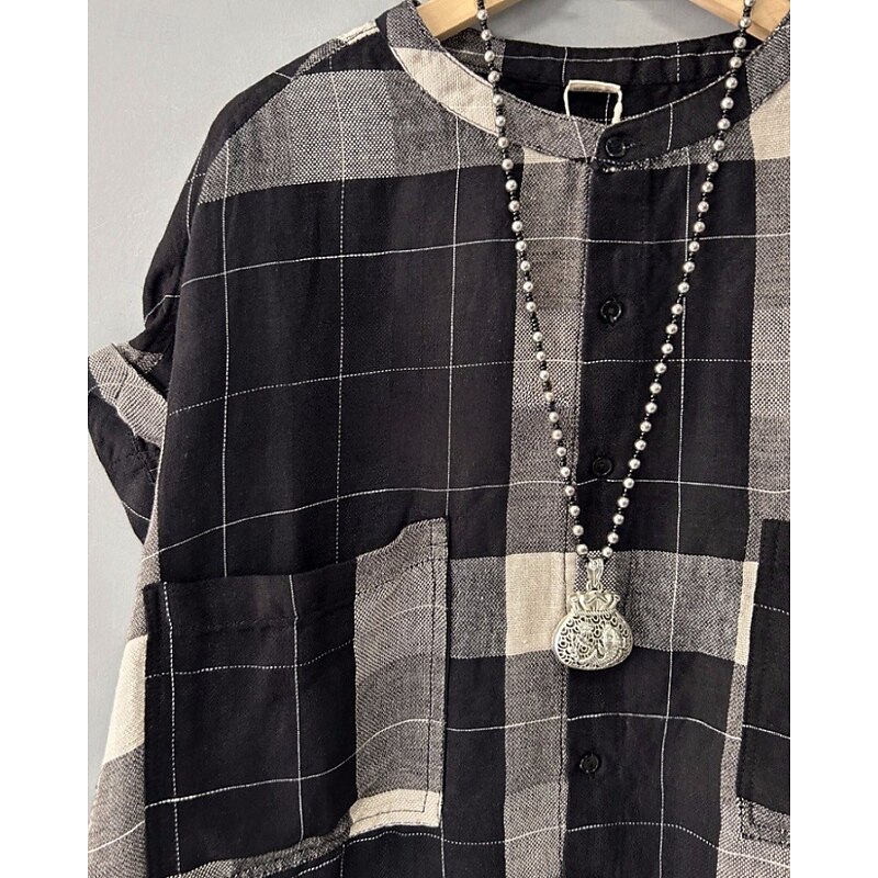 Women's Shirt Linen Shirt Blouse Plaid Modern Casual Long Sleeve Crew Neck Regular Tops Holiday Going out Pocket Buttons Black Fall4