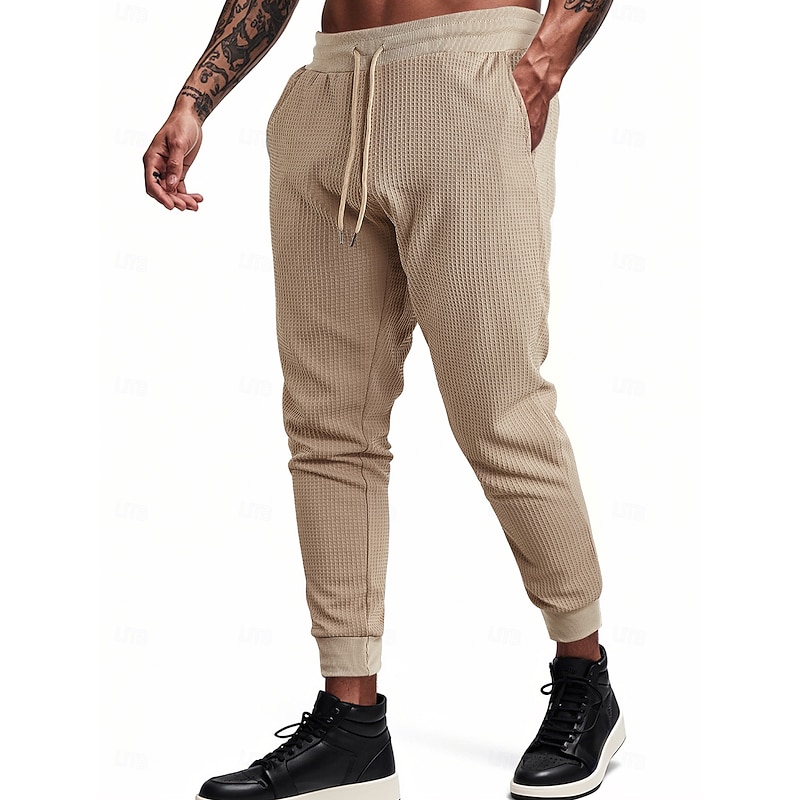 Men's Sweatpants Joggers Athletic Pants Trousers Waffle Pants Drawstring Pocket Elastic Waist Solid Colored Moisture Wicking Breathable Full Length Outdoor Daily Running Fashion Classic Style Black