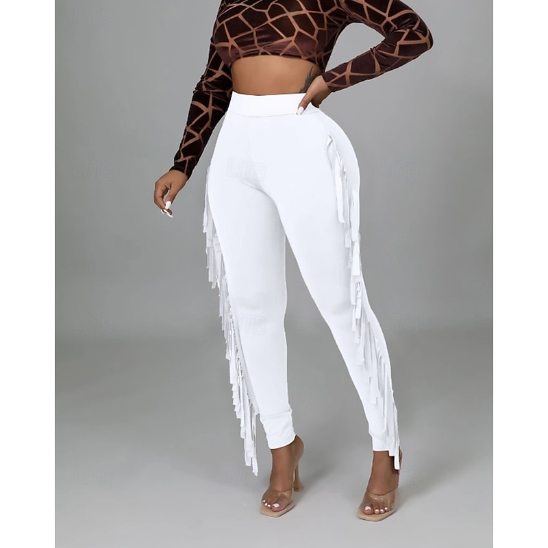 Women's Slacks Tights Cozy Leggings Streetwear Casual Full Length Natural Plain Tassel Fringe Elastic Waist Comfortable Holiday Daily Wear Weekend claret Black White Army Green Fall Regular Fit3