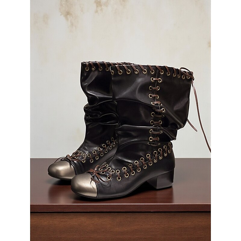 Women's Leather Slouchy Boots with Lace - Up Detailing, Steampunk - Inspired Style for Urban Fashion Outfits, Ideal for Trendy City Looks and Daily Wear2
