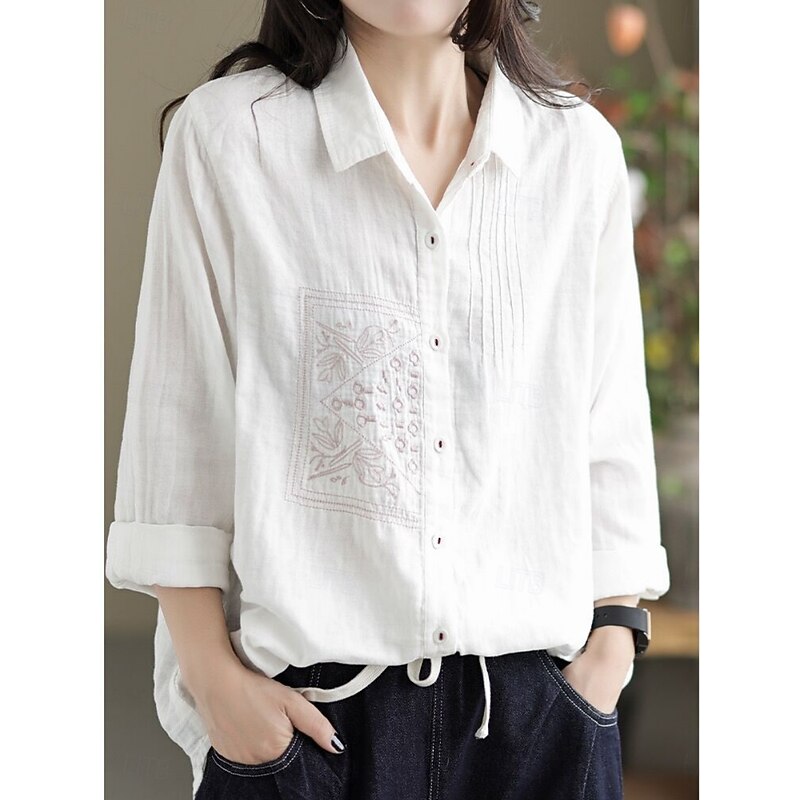 Women's Cotton Linen Shirts Solid Color Vintage Basic Casual Long Sleeve Shirt Collar Regular Tops Daily Embroidered Pocket Buttons White Yellow Green Summer Spring Fall4