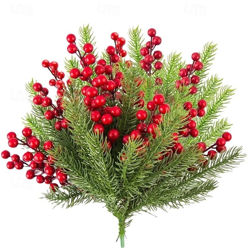 30pcs Christmas Red Berry Stems, Artificial Red Berries, Faux Berry Branches for New Year, Home Decoration, Holiday Floral Arrangement and Craft Supplies