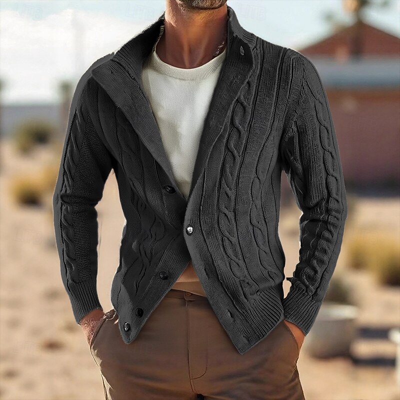 Men's Cardigan Sweater Cropped  Sweater Knit Sweater Ribbed Knit Regular Tops Buttons Plain Stand Collar Fashion Classic Vacation Daily Wear Clothing Apparel Fall Winter Black khaki M L XL2