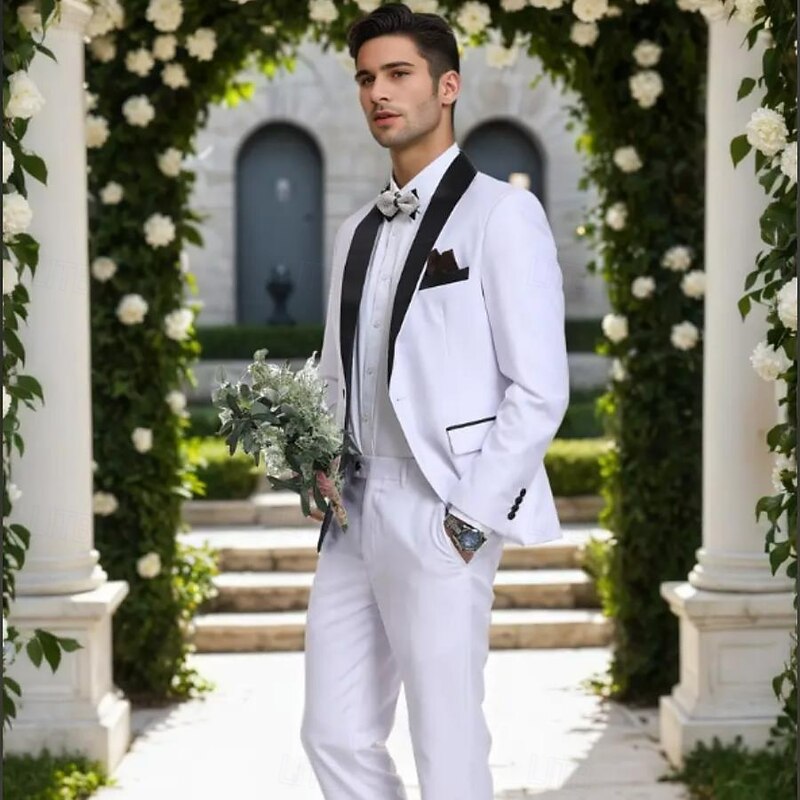 Men's Wedding Party Wedding Suits Shawl Lapel White Formal Solid Colored Slim Fit 2 Piece3