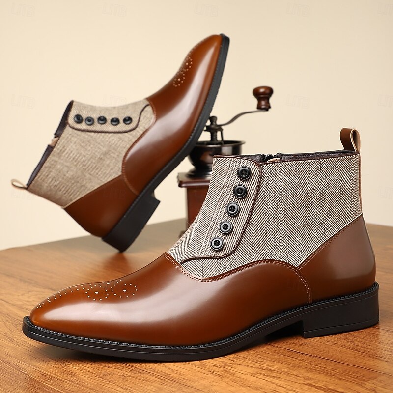 Men's Herringbone Fabric and Faux Leather Button-Up Ankle Boots – Vintage-Inspired Formal Dress Shoes for Business and Casual Occasions 5