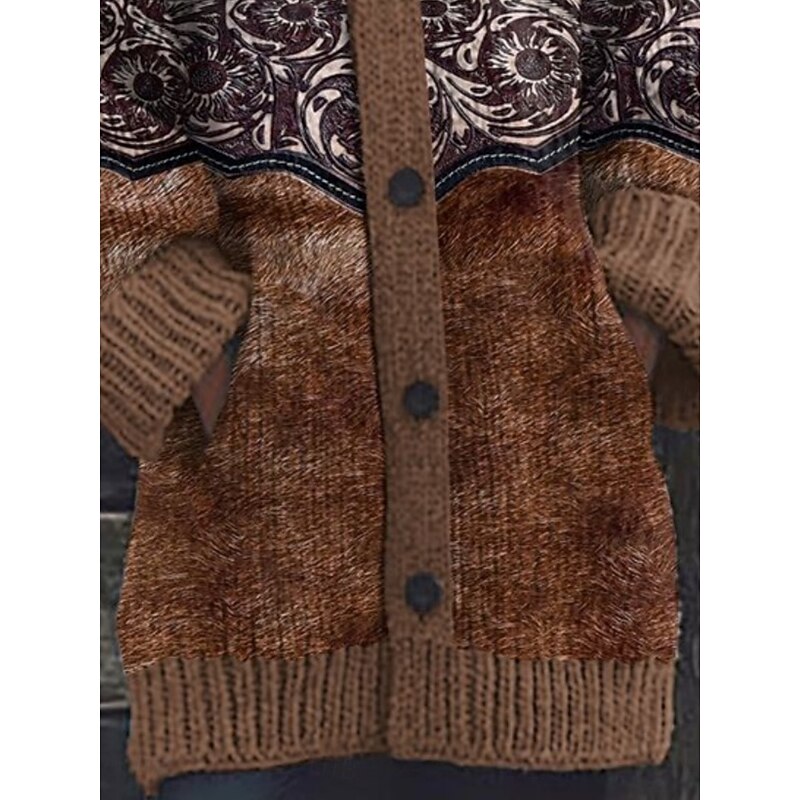 Women's Cardigan Vacation Vintage Daily Floral Ribbed Hooded Knitted Print Front Pocket Long Sleeve Regular Tops Knit Outdoor Daily Holiday Brown Fall Winter3