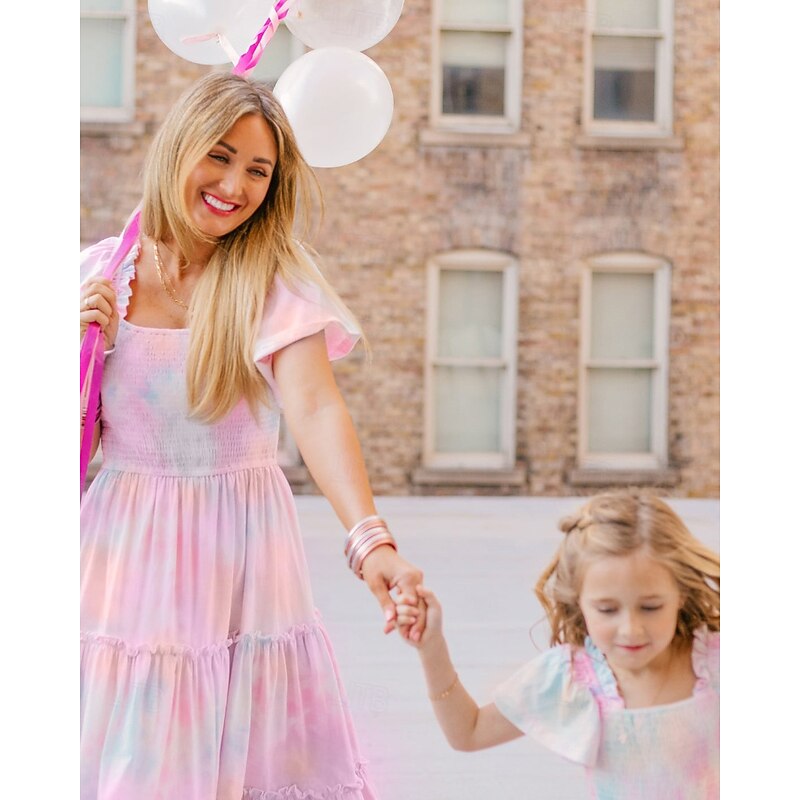 Mommy and Me Dresses Tie Dye Street Print Pink Purple Short Sleeve Midi Chiffon Dress Sweet Matching Outfits4