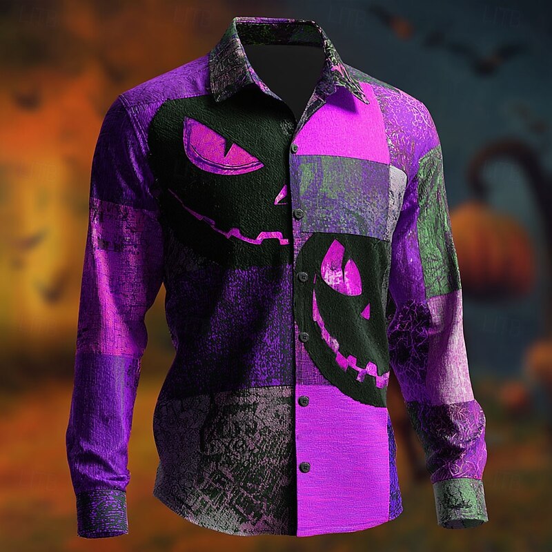 Halloween Men's Color Block Pumpkin Patchwork Shirt Button Up Shirt Long Sleeve Dark Gothic Style Holiday Streetwear Summer Spring Turndown 3D Print Collared Shirts Blue Purple Orange Green3