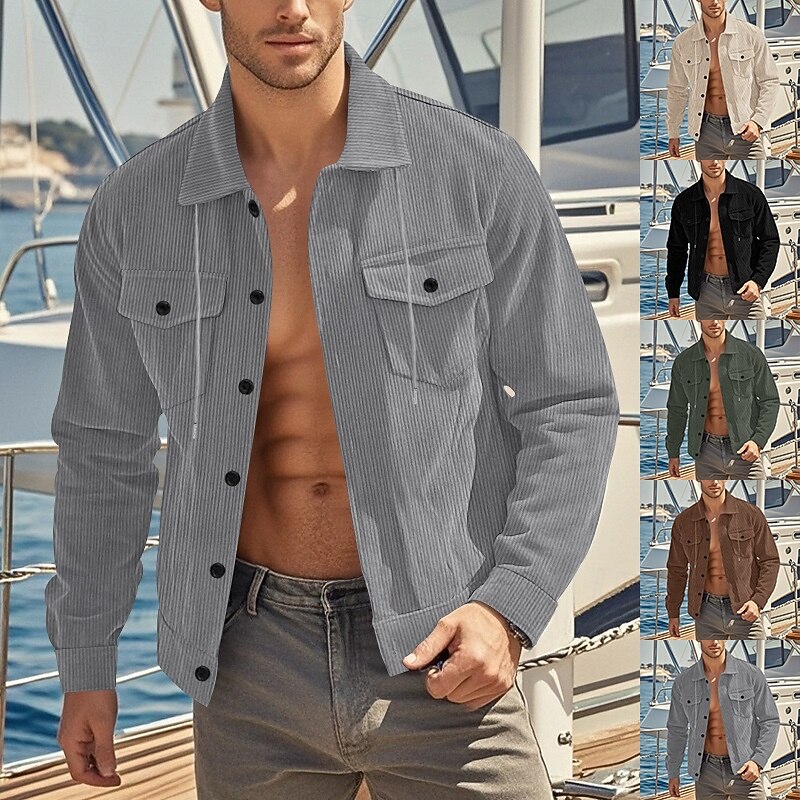 Men's Lightweight Jacket Corduroy Jacket Cargo Jacket Casual Jacket Vacation Daily Breathable Pocket Spring Fall Plain Fashion Classic Stand Collar Regular Apricot Black Dark Green Brown Gray Jacket