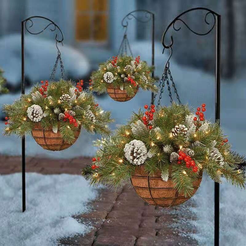 Artificial Christmas Hanging Basket with Golden Pine Cones, Red Berries & White Flowers Perfect for Indoor/Outdoor Front Door, Wall, Window, Lawn, Garden Decor3